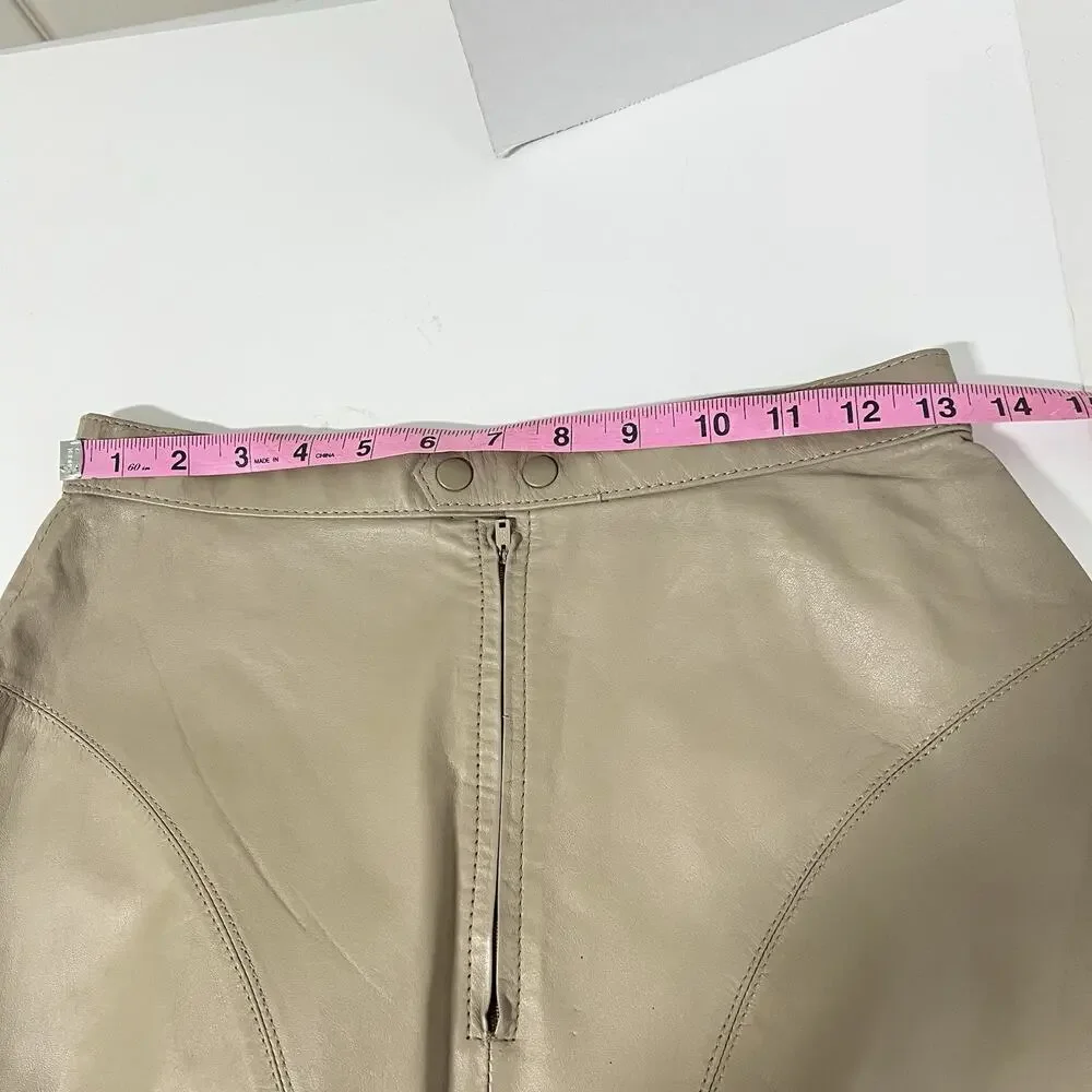 Vintage 80s Tan Beige Leather Skirt Knee Length Size 9/10 FITS SMALL Classic